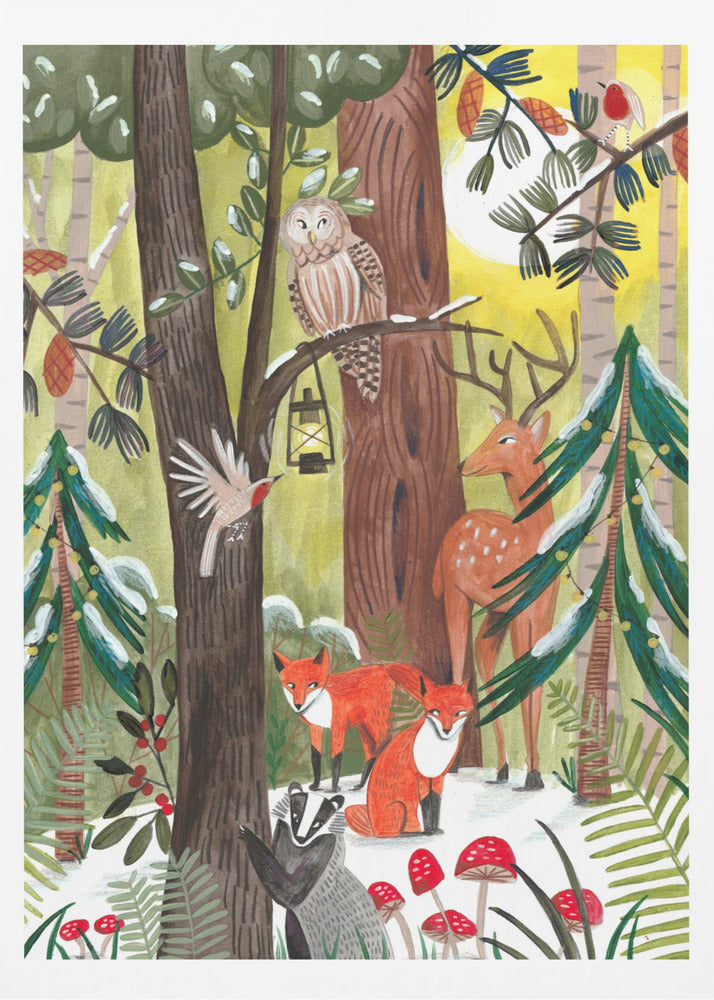 Green Christmas forest with animals - Poster / Art Print