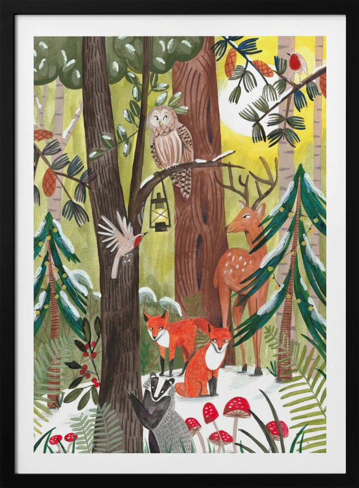 Green Christmas forest with animals - Poster / Art Print