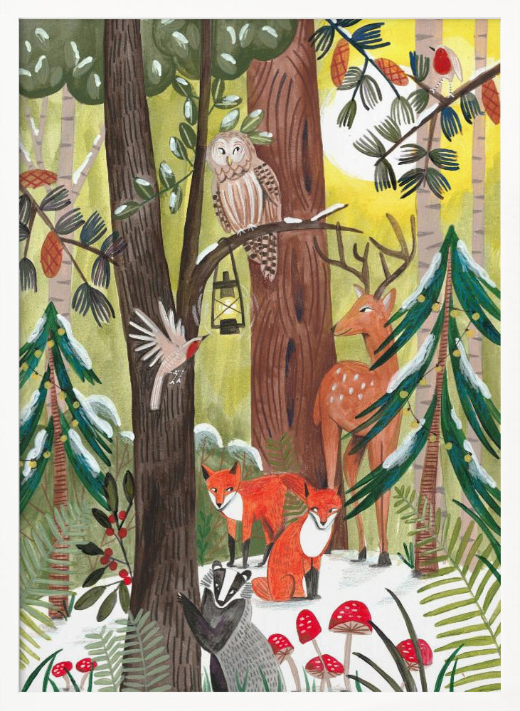 Green Christmas forest with animals - Poster / Art Print