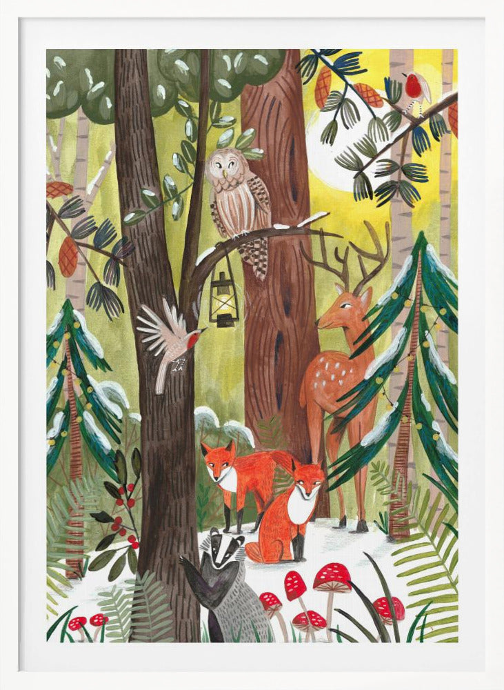 Green Christmas forest with animals - Poster / Art Print