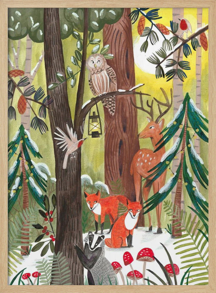 Green Christmas forest with animals - Poster / Art Print