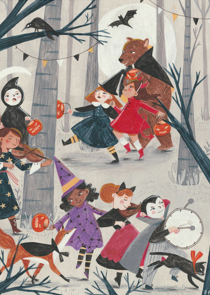 A whimsical, illustrated nighttime scene of a Halloween parade through a forest. A group of children and animals in costumes, including a witch, a vampire, the grim reaper, and a large bear dressed as Dracula, march and play instruments like violins and a drum. They carry jack-o'-lantern buckets under a full moon with bats and a crow nearby. Decor