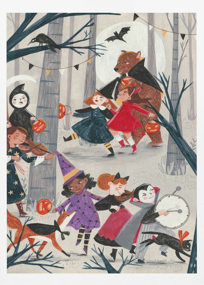 A whimsical, illustrated nighttime scene of a Halloween parade through a forest. A group of children and animals in costumes, including a witch, a vampire, the grim reaper, and a large bear dressed as Dracula, march and play instruments like violins and a drum. They carry jack-o'-lantern buckets under a full moon with bats and a crow nearby. Decor