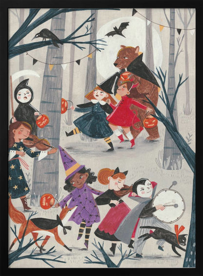 A whimsical, illustrated nighttime scene of a Halloween parade through a forest. A group of children and animals in costumes, including a witch, a vampire, the grim reaper, and a large bear dressed as Dracula, march and play instruments like violins and a drum. They carry jack-o'-lantern buckets under a full moon with bats and a crow nearby. Decor