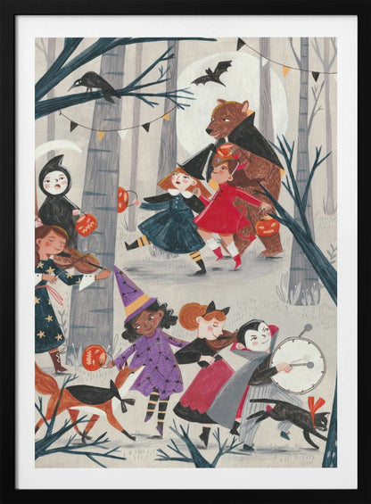 A whimsical, illustrated nighttime scene of a Halloween parade through a forest. A group of children and animals in costumes, including a witch, a vampire, the grim reaper, and a large bear dressed as Dracula, march and play instruments like violins and a drum. They carry jack-o'-lantern buckets under a full moon with bats and a crow nearby. Decor