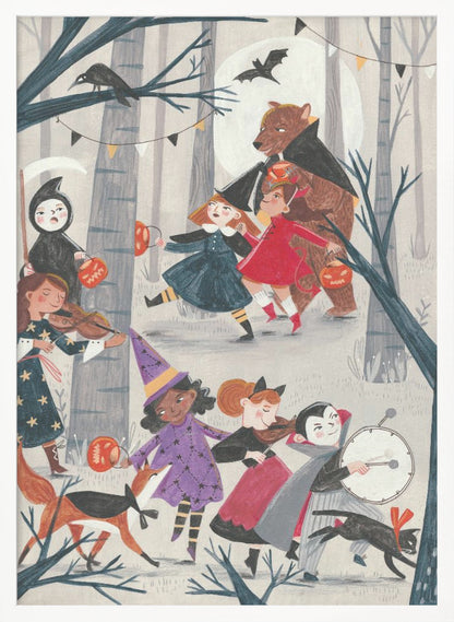 A whimsical, illustrated nighttime scene of a Halloween parade through a forest. A group of children and animals in costumes, including a witch, a vampire, the grim reaper, and a large bear dressed as Dracula, march and play instruments like violins and a drum. They carry jack-o'-lantern buckets under a full moon with bats and a crow nearby. Decor