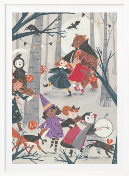 A whimsical, illustrated nighttime scene of a Halloween parade through a forest. A group of children and animals in costumes, including a witch, a vampire, the grim reaper, and a large bear dressed as Dracula, march and play instruments like violins and a drum. They carry jack-o'-lantern buckets under a full moon with bats and a crow nearby. Decor