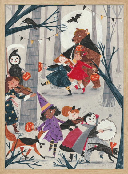 A whimsical, illustrated nighttime scene of a Halloween parade through a forest. A group of children and animals in costumes, including a witch, a vampire, the grim reaper, and a large bear dressed as Dracula, march and play instruments like violins and a drum. They carry jack-o'-lantern buckets under a full moon with bats and a crow nearby. Decor