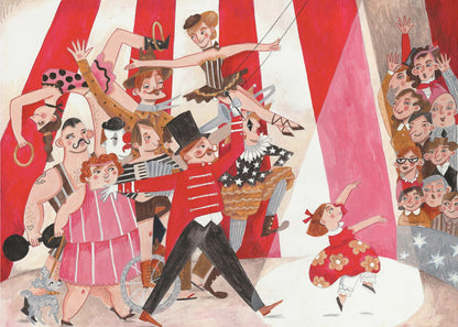 A whimsical, stylized illustration of a circus performance, framed in silver. A parade of performers, including a ringmaster in a red coat, a strongman, acrobats, and a clown, move across the scene under a red and white striped big top. A little girl in a red dress dances in a spotlight, watched by a smiling audience. Poster