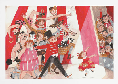 A whimsical, stylized illustration of a circus performance, framed in silver. A parade of performers, including a ringmaster in a red coat, a strongman, acrobats, and a clown, move across the scene under a red and white striped big top. A little girl in a red dress dances in a spotlight, watched by a smiling audience. Poster
