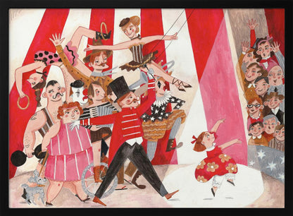 A whimsical, stylized illustration of a circus performance, framed in silver. A parade of performers, including a ringmaster in a red coat, a strongman, acrobats, and a clown, move across the scene under a red and white striped big top. A little girl in a red dress dances in a spotlight, watched by a smiling audience. Poster