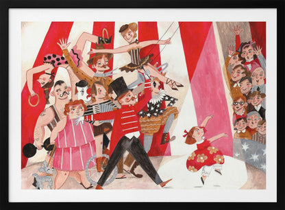 A whimsical, stylized illustration of a circus performance, framed in silver. A parade of performers, including a ringmaster in a red coat, a strongman, acrobats, and a clown, move across the scene under a red and white striped big top. A little girl in a red dress dances in a spotlight, watched by a smiling audience. Poster
