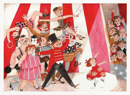 A whimsical, stylized illustration of a circus performance, framed in silver. A parade of performers, including a ringmaster in a red coat, a strongman, acrobats, and a clown, move across the scene under a red and white striped big top. A little girl in a red dress dances in a spotlight, watched by a smiling audience. Poster
