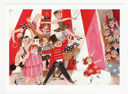 A whimsical, stylized illustration of a circus performance, framed in silver. A parade of performers, including a ringmaster in a red coat, a strongman, acrobats, and a clown, move across the scene under a red and white striped big top. A little girl in a red dress dances in a spotlight, watched by a smiling audience. Poster