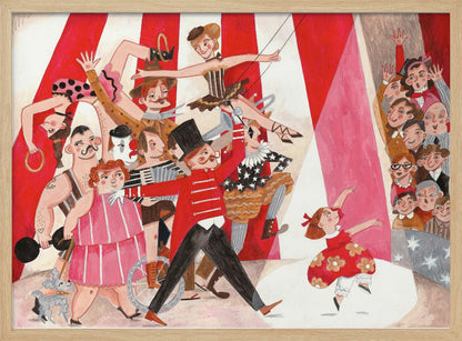 A whimsical, stylized illustration of a circus performance, framed in silver. A parade of performers, including a ringmaster in a red coat, a strongman, acrobats, and a clown, move across the scene under a red and white striped big top. A little girl in a red dress dances in a spotlight, watched by a smiling audience. Poster