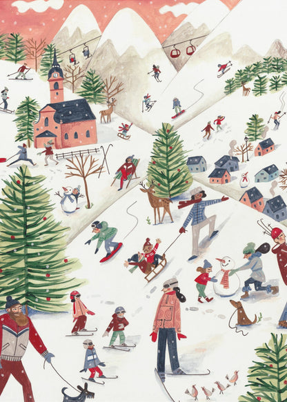 A whimsical watercolor illustration of a busy ski resort on a snowy mountain. People of all ages are skiing, snowboarding, sledding, and building a snowman, surrounded by decorated pine trees, a village with a church, deer, and dogs under a pink, snowy sky. Print