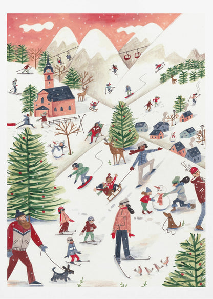 A whimsical watercolor illustration of a busy ski resort on a snowy mountain. People of all ages are skiing, snowboarding, sledding, and building a snowman, surrounded by decorated pine trees, a village with a church, deer, and dogs under a pink, snowy sky. Print