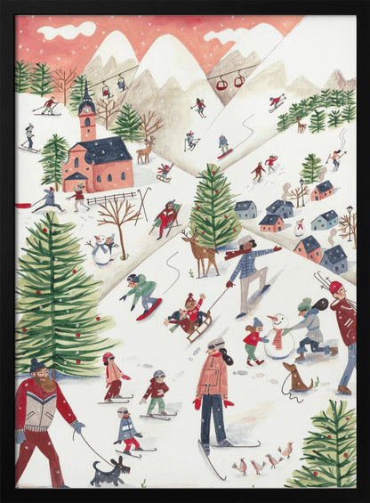 A whimsical watercolor illustration of a busy ski resort on a snowy mountain. People of all ages are skiing, snowboarding, sledding, and building a snowman, surrounded by decorated pine trees, a village with a church, deer, and dogs under a pink, snowy sky. Print