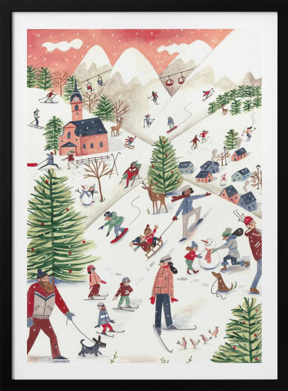A whimsical watercolor illustration of a busy ski resort on a snowy mountain. People of all ages are skiing, snowboarding, sledding, and building a snowman, surrounded by decorated pine trees, a village with a church, deer, and dogs under a pink, snowy sky. Print