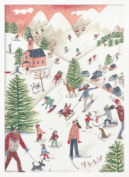 A whimsical watercolor illustration of a busy ski resort on a snowy mountain. People of all ages are skiing, snowboarding, sledding, and building a snowman, surrounded by decorated pine trees, a village with a church, deer, and dogs under a pink, snowy sky. Print