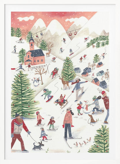 A whimsical watercolor illustration of a busy ski resort on a snowy mountain. People of all ages are skiing, snowboarding, sledding, and building a snowman, surrounded by decorated pine trees, a village with a church, deer, and dogs under a pink, snowy sky. Print