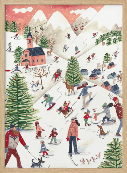 A whimsical watercolor illustration of a busy ski resort on a snowy mountain. People of all ages are skiing, snowboarding, sledding, and building a snowman, surrounded by decorated pine trees, a village with a church, deer, and dogs under a pink, snowy sky. Print
