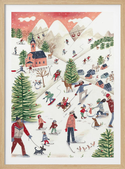 A whimsical watercolor illustration of a busy ski resort on a snowy mountain. People of all ages are skiing, snowboarding, sledding, and building a snowman, surrounded by decorated pine trees, a village with a church, deer, and dogs under a pink, snowy sky. Print