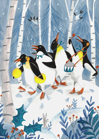 A whimsical painting of four penguins joyfully parading and playing music in a snowy winter forest. One penguin plays a drum, another shakes maracas, and two others sing, surrounded by birch trees, holly, and a small rabbit. Decor