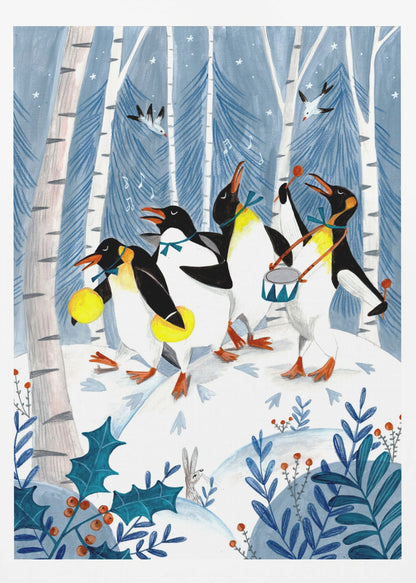 A whimsical painting of four penguins joyfully parading and playing music in a snowy winter forest. One penguin plays a drum, another shakes maracas, and two others sing, surrounded by birch trees, holly, and a small rabbit. Decor