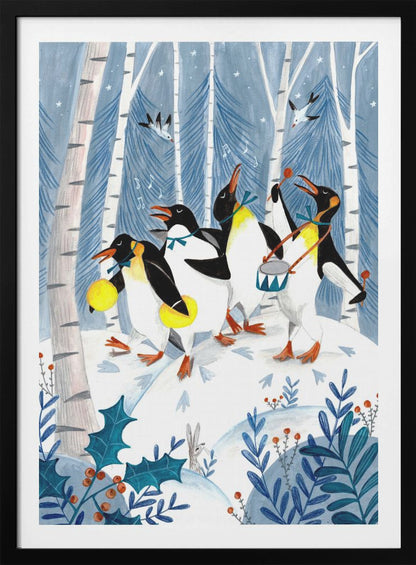 A whimsical painting of four penguins joyfully parading and playing music in a snowy winter forest. One penguin plays a drum, another shakes maracas, and two others sing, surrounded by birch trees, holly, and a small rabbit. Decor