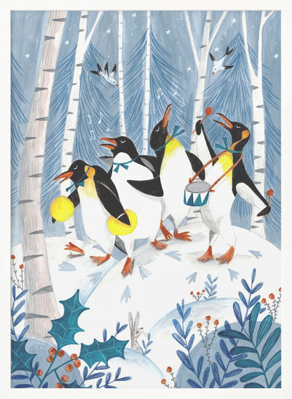 A whimsical painting of four penguins joyfully parading and playing music in a snowy winter forest. One penguin plays a drum, another shakes maracas, and two others sing, surrounded by birch trees, holly, and a small rabbit. Decor