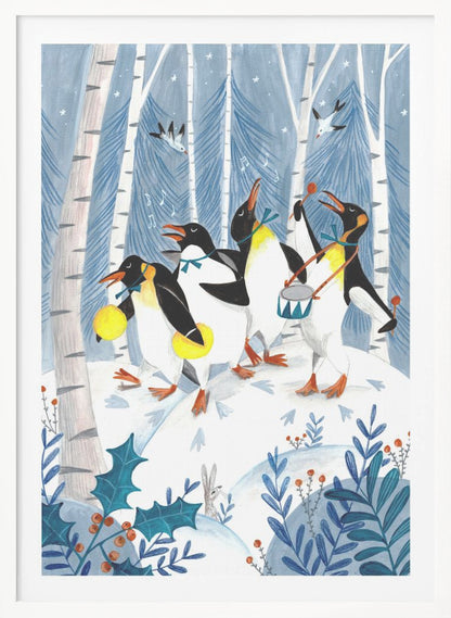 A whimsical painting of four penguins joyfully parading and playing music in a snowy winter forest. One penguin plays a drum, another shakes maracas, and two others sing, surrounded by birch trees, holly, and a small rabbit. Decor