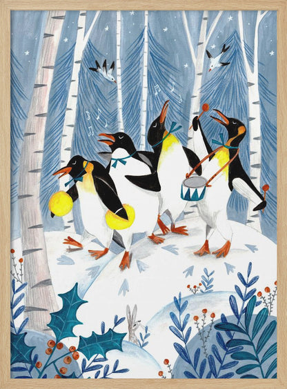 A whimsical painting of four penguins joyfully parading and playing music in a snowy winter forest. One penguin plays a drum, another shakes maracas, and two others sing, surrounded by birch trees, holly, and a small rabbit. Decor