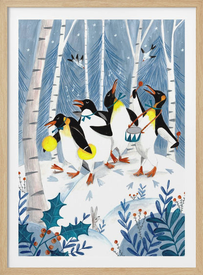 A whimsical painting of four penguins joyfully parading and playing music in a snowy winter forest. One penguin plays a drum, another shakes maracas, and two others sing, surrounded by birch trees, holly, and a small rabbit. Decor