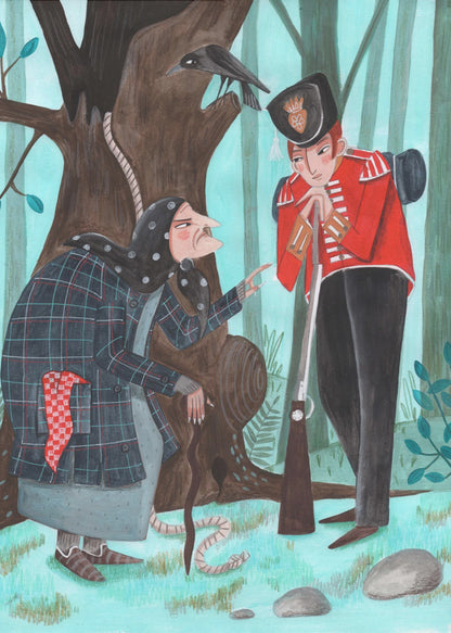 A stylized illustration of a fairytale scene in a forest, where an old woman with a long nose, wearing a dark plaid coat and headscarf, speaks to a soldier in a bright red uniform. The soldier leans on his rifle, listening, while a crow watches from a large tree behind them, from which a noose also hangs. Poster