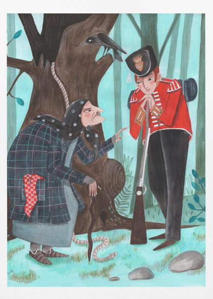 A stylized illustration of a fairytale scene in a forest, where an old woman with a long nose, wearing a dark plaid coat and headscarf, speaks to a soldier in a bright red uniform. The soldier leans on his rifle, listening, while a crow watches from a large tree behind them, from which a noose also hangs. Poster