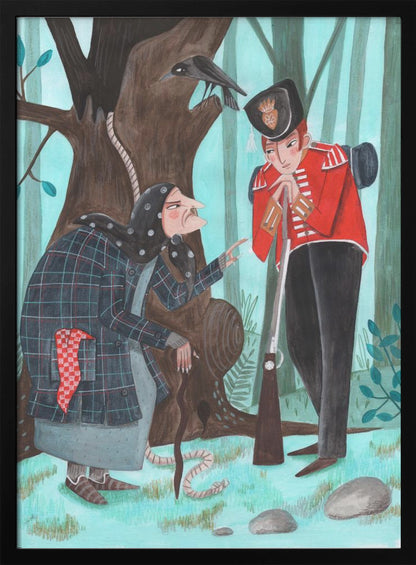 A stylized illustration of a fairytale scene in a forest, where an old woman with a long nose, wearing a dark plaid coat and headscarf, speaks to a soldier in a bright red uniform. The soldier leans on his rifle, listening, while a crow watches from a large tree behind them, from which a noose also hangs. Poster
