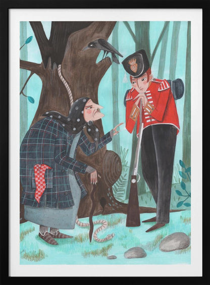 A stylized illustration of a fairytale scene in a forest, where an old woman with a long nose, wearing a dark plaid coat and headscarf, speaks to a soldier in a bright red uniform. The soldier leans on his rifle, listening, while a crow watches from a large tree behind them, from which a noose also hangs. Poster
