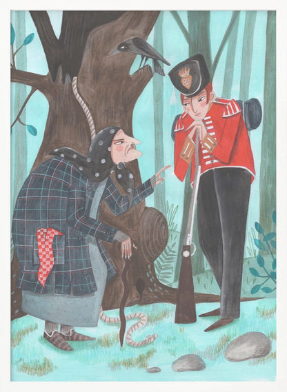 A stylized illustration of a fairytale scene in a forest, where an old woman with a long nose, wearing a dark plaid coat and headscarf, speaks to a soldier in a bright red uniform. The soldier leans on his rifle, listening, while a crow watches from a large tree behind them, from which a noose also hangs. Poster