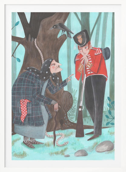 A stylized illustration of a fairytale scene in a forest, where an old woman with a long nose, wearing a dark plaid coat and headscarf, speaks to a soldier in a bright red uniform. The soldier leans on his rifle, listening, while a crow watches from a large tree behind them, from which a noose also hangs. Poster