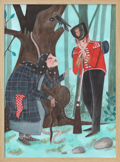 A stylized illustration of a fairytale scene in a forest, where an old woman with a long nose, wearing a dark plaid coat and headscarf, speaks to a soldier in a bright red uniform. The soldier leans on his rifle, listening, while a crow watches from a large tree behind them, from which a noose also hangs. Poster