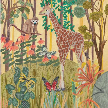 A framed, stylized painting of a jungle scene featuring a tall giraffe and a small monkey. The animals are surrounded by lush green foliage, orange and red flowers, and several butterflies against a warm yellow and light brown background with tree trunks. Decor