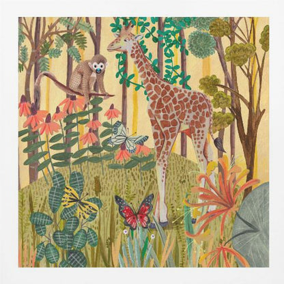 A framed, stylized painting of a jungle scene featuring a tall giraffe and a small monkey. The animals are surrounded by lush green foliage, orange and red flowers, and several butterflies against a warm yellow and light brown background with tree trunks. Decor