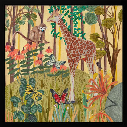 A framed, stylized painting of a jungle scene featuring a tall giraffe and a small monkey. The animals are surrounded by lush green foliage, orange and red flowers, and several butterflies against a warm yellow and light brown background with tree trunks. Decor