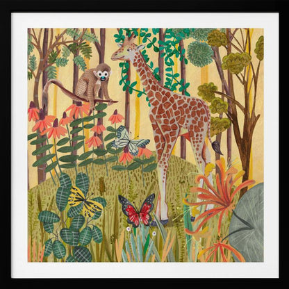 A framed, stylized painting of a jungle scene featuring a tall giraffe and a small monkey. The animals are surrounded by lush green foliage, orange and red flowers, and several butterflies against a warm yellow and light brown background with tree trunks. Decor