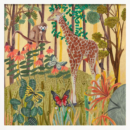 A framed, stylized painting of a jungle scene featuring a tall giraffe and a small monkey. The animals are surrounded by lush green foliage, orange and red flowers, and several butterflies against a warm yellow and light brown background with tree trunks. Decor