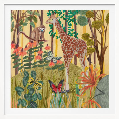 A framed, stylized painting of a jungle scene featuring a tall giraffe and a small monkey. The animals are surrounded by lush green foliage, orange and red flowers, and several butterflies against a warm yellow and light brown background with tree trunks. Decor