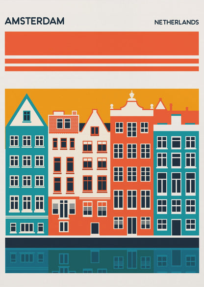 A minimalist travel poster for Amsterdam, Netherlands, featuring a stylized illustration of colorful canal houses in orange, teal, and off-white. The buildings are set against an orange sky and reflected in a dark blue canal below, with the text 'AMSTERDAM' and 'NETHERLANDS' at the top. Decor