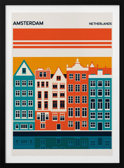 A minimalist travel poster for Amsterdam, Netherlands, featuring a stylized illustration of colorful canal houses in orange, teal, and off-white. The buildings are set against an orange sky and reflected in a dark blue canal below, with the text 'AMSTERDAM' and 'NETHERLANDS' at the top. Decor