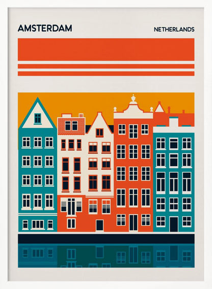 A minimalist travel poster for Amsterdam, Netherlands, featuring a stylized illustration of colorful canal houses in orange, teal, and off-white. The buildings are set against an orange sky and reflected in a dark blue canal below, with the text 'AMSTERDAM' and 'NETHERLANDS' at the top. Decor